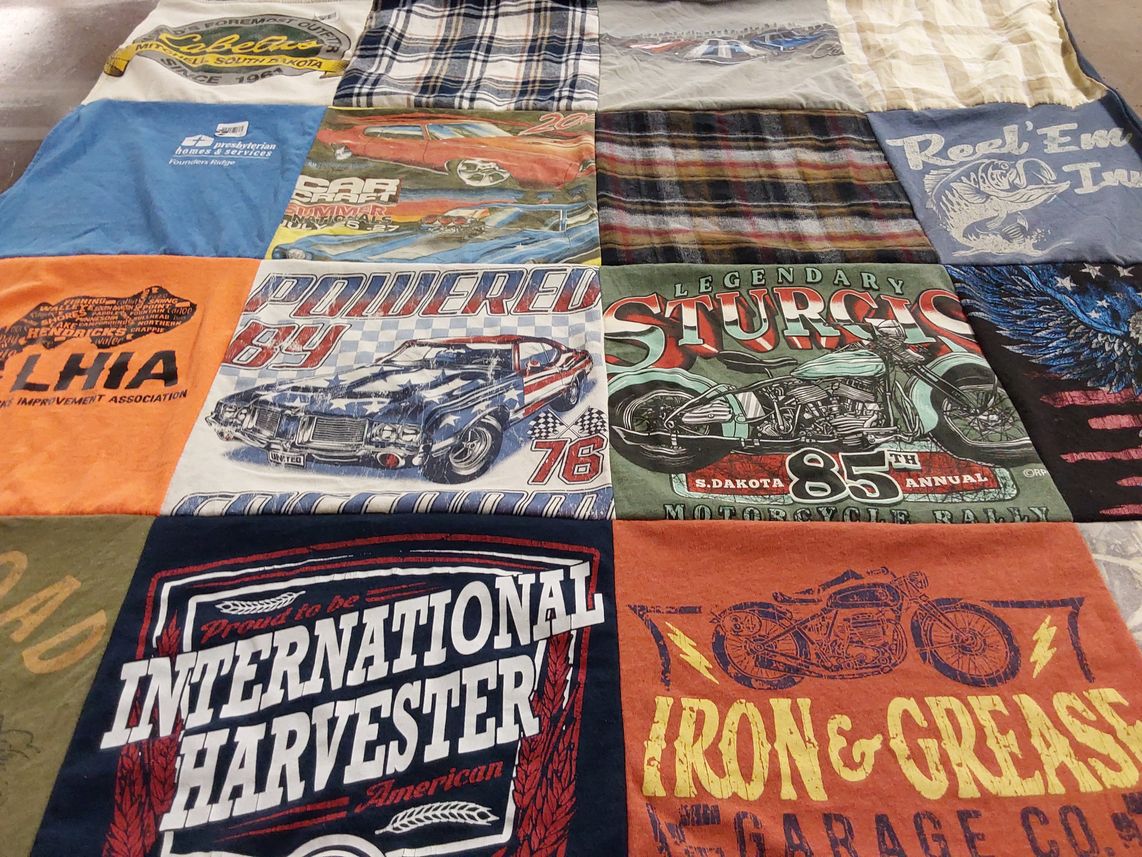 T-shirt quilt with motorcycles, cars themes by Donna from MN