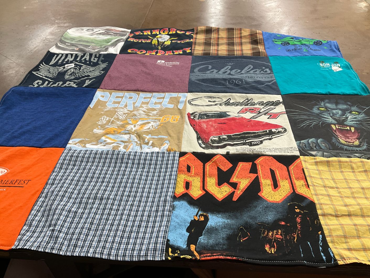 T-shirt quilt with music, cars themes by Donna from MN