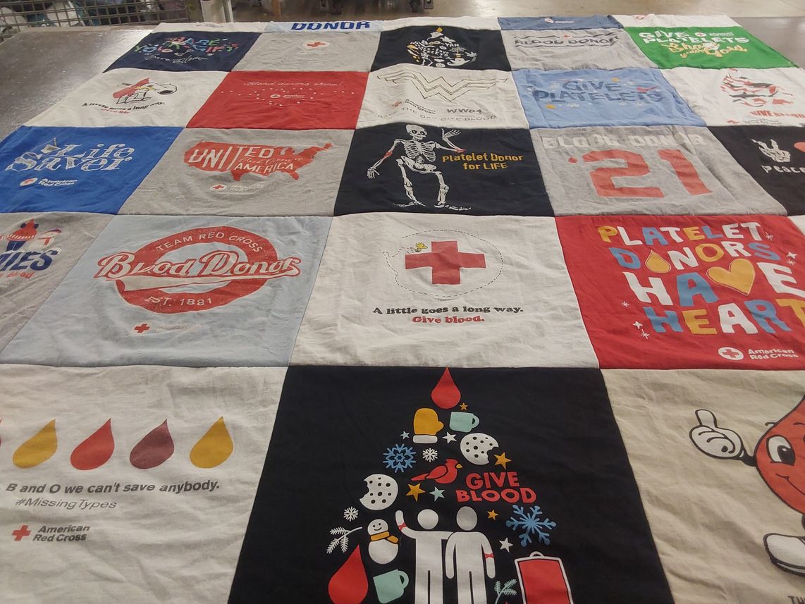 T-shirt quilt with blood donation, health themes by Laurie from VA