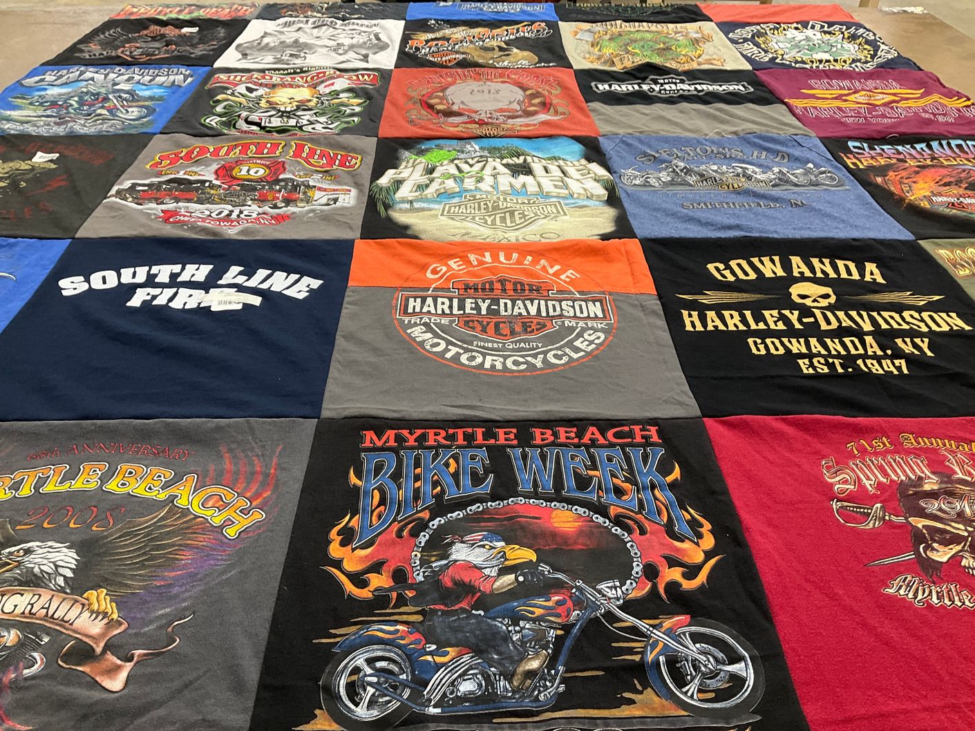 T-shirt quilt with motorcycles, biking themes by Lindsey from NY