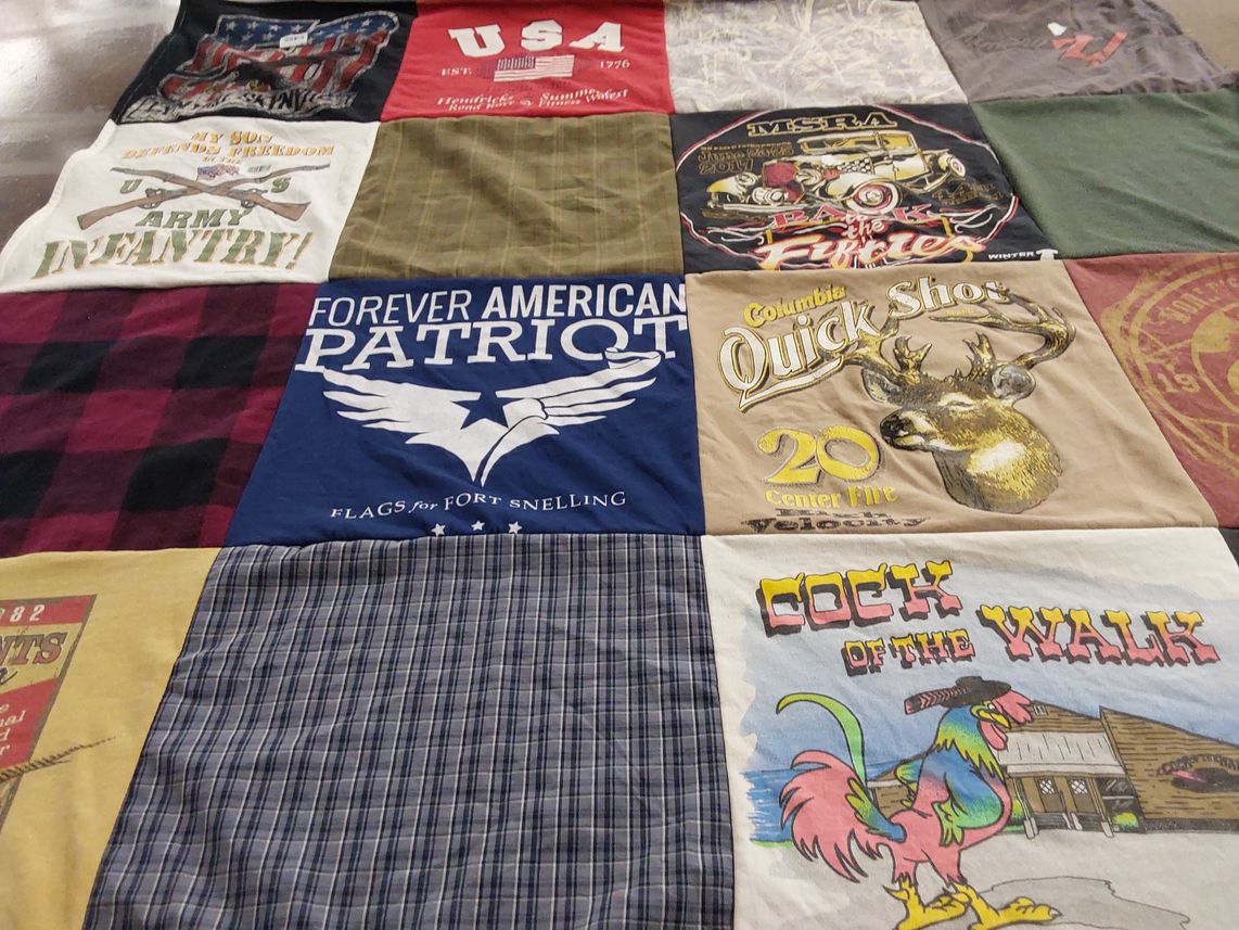 T-shirt quilt with military, hunting themes by Donna from MN