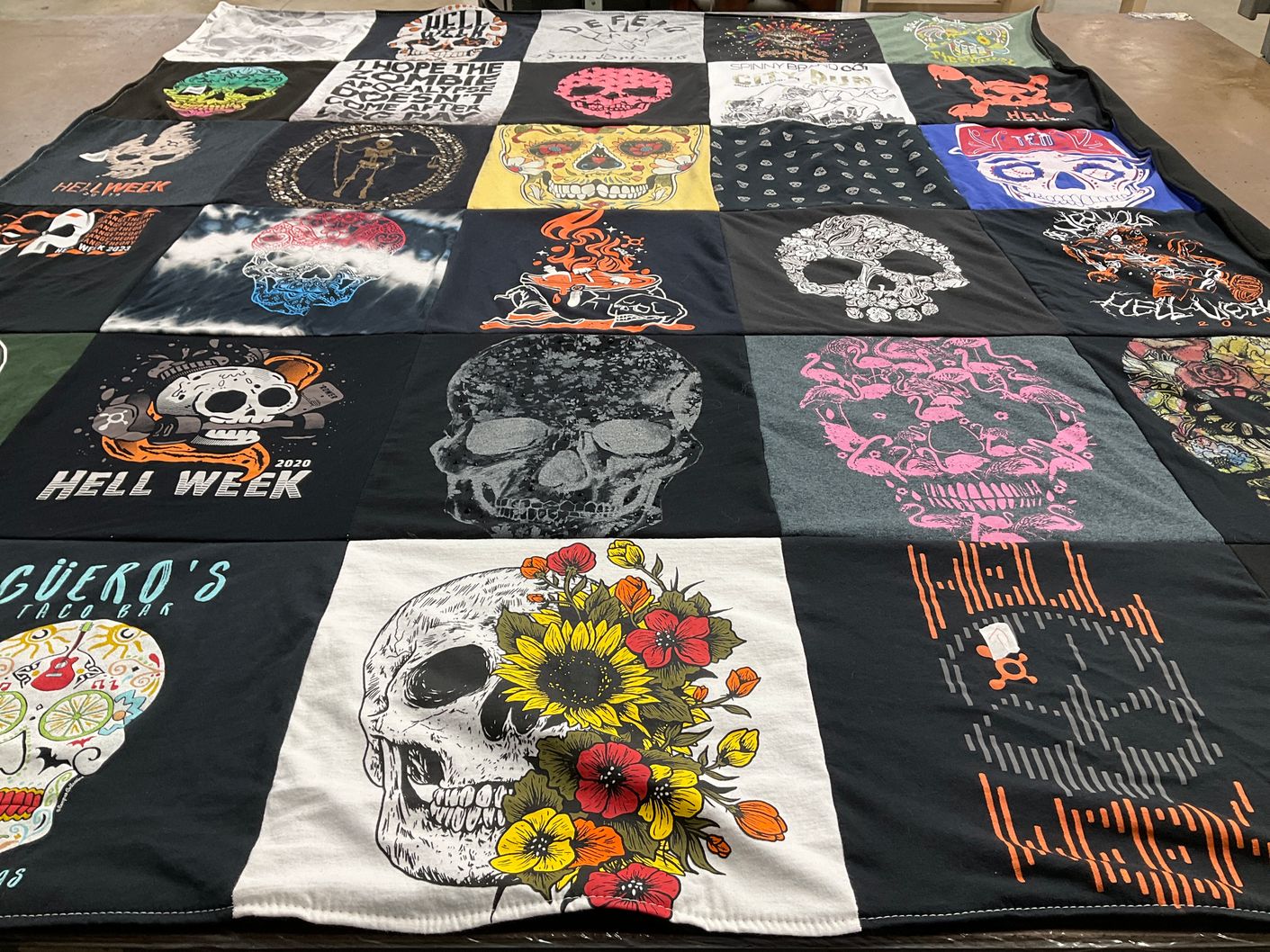 T-shirt quilt with skulls, day of the dead themes by Jennings from TX
