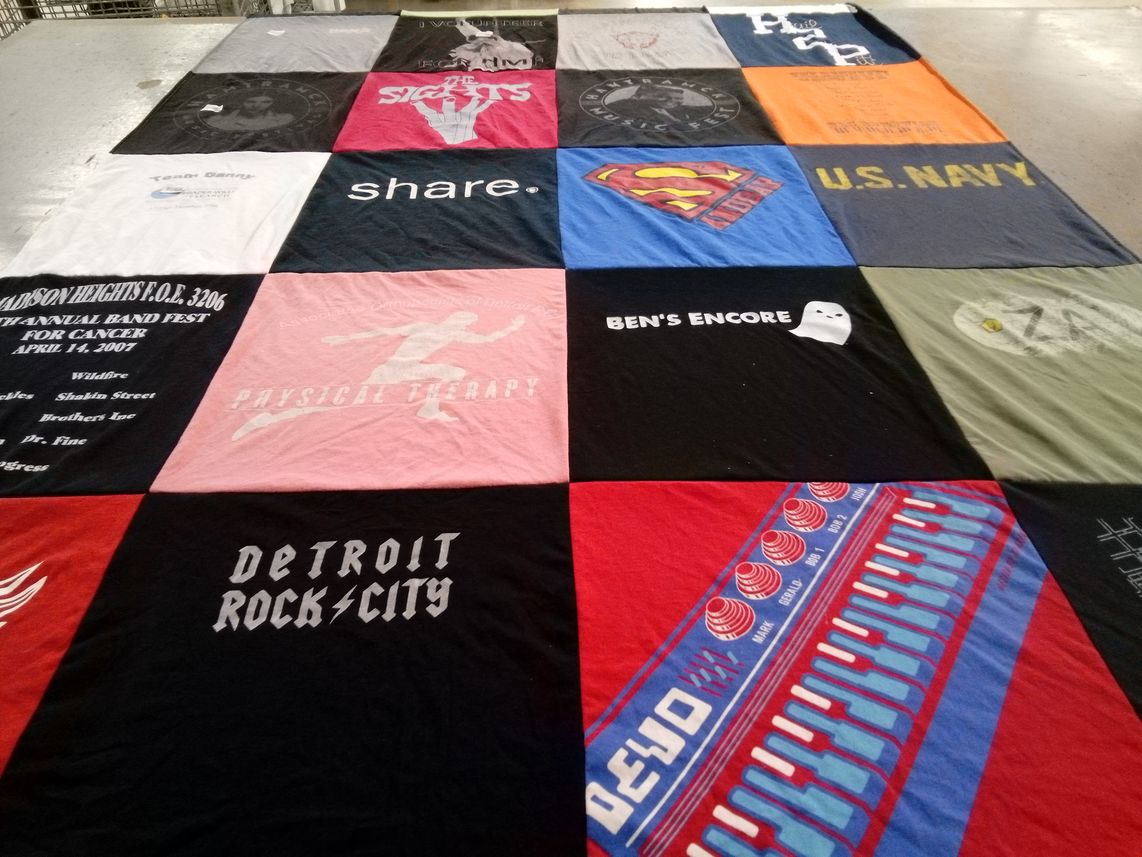 T-shirt quilt with music, cancer awareness themes by Jessica from MI