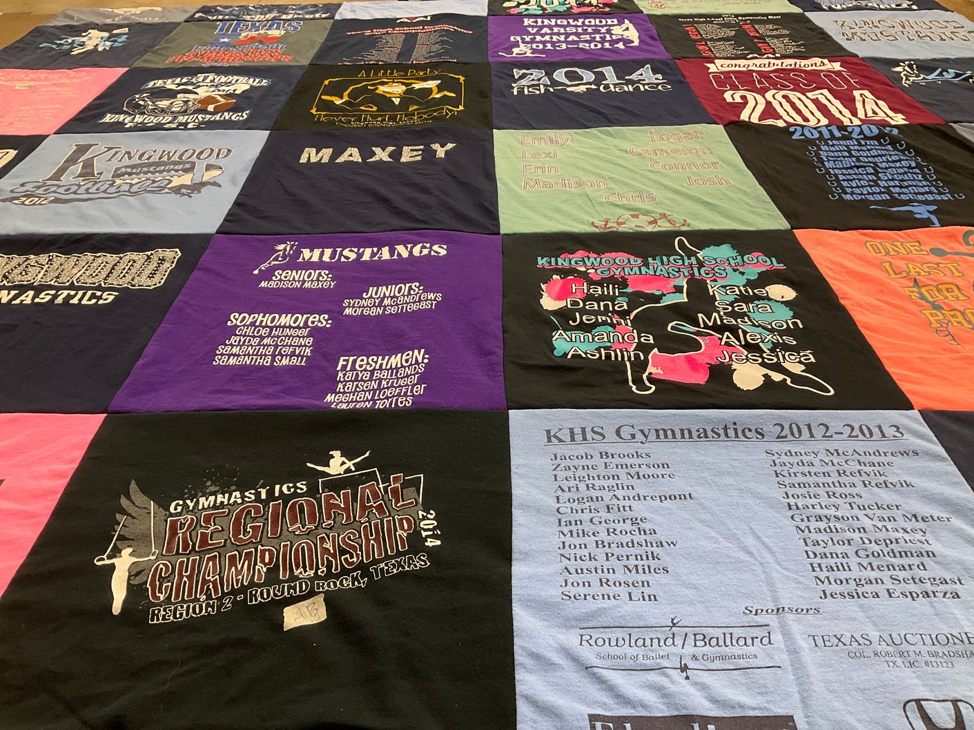 T-shirt quilt featuring kingwood mustangs gymnastics by Madison from TX