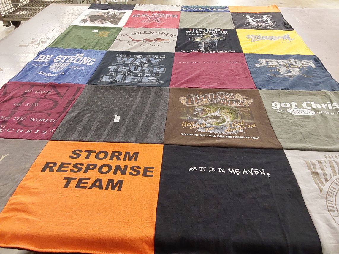 T-shirt quilt with religion, outdoor themes by Lillian from MO