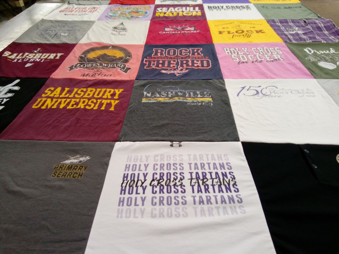 T-shirt quilt featuring holy cross tartans by Kathleen from MD