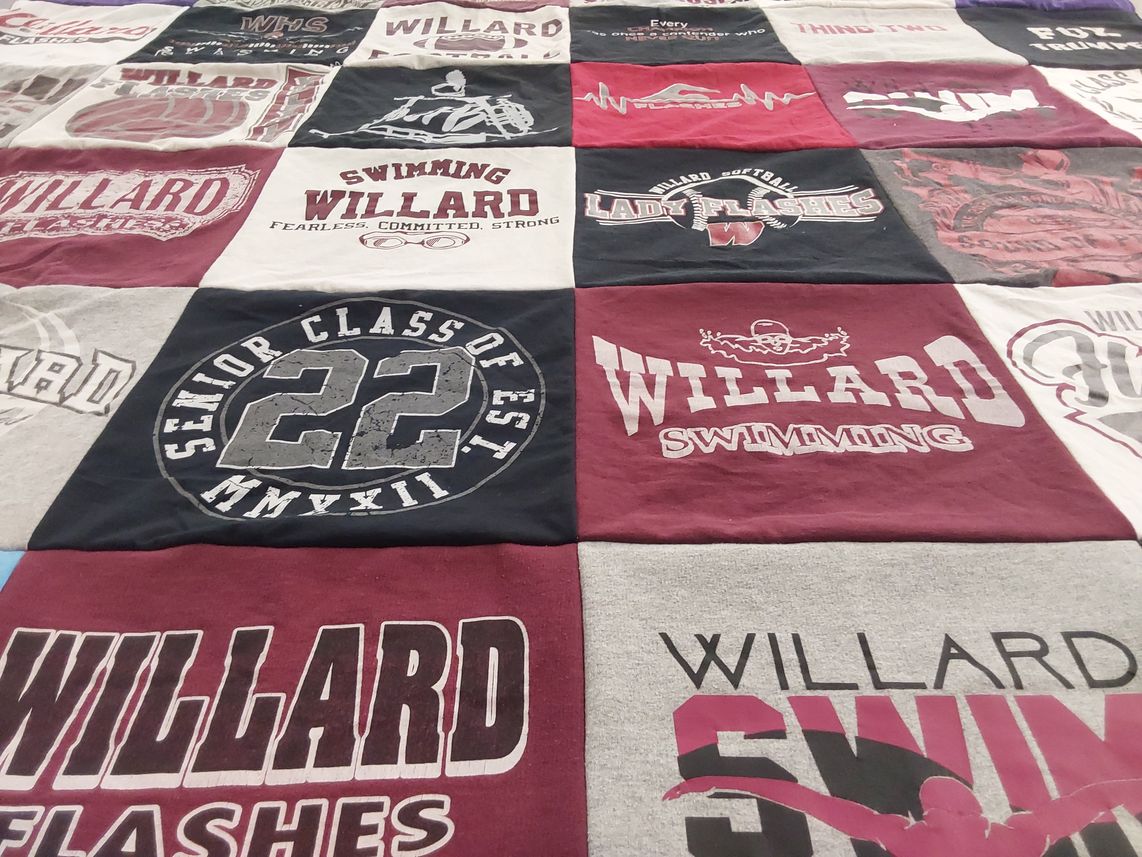 T-shirt quilt featuring willard swimming, willard lady flashes by Ellen from OH