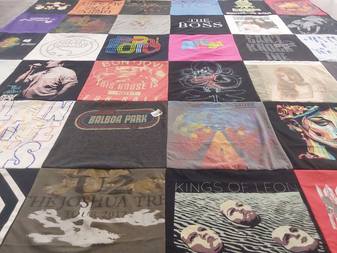 T-shirt quilt with music, concerts themes by Lindsay from NJ