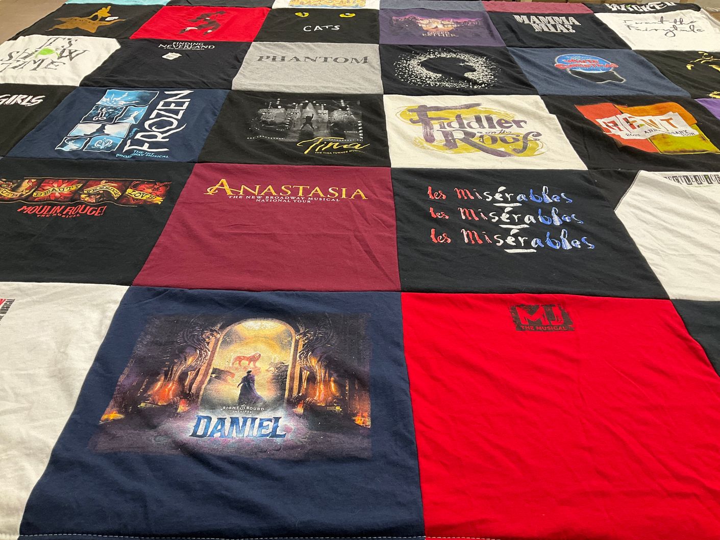 T-shirt quilt with musical theatre, broadway shows themes by Kristine from LA