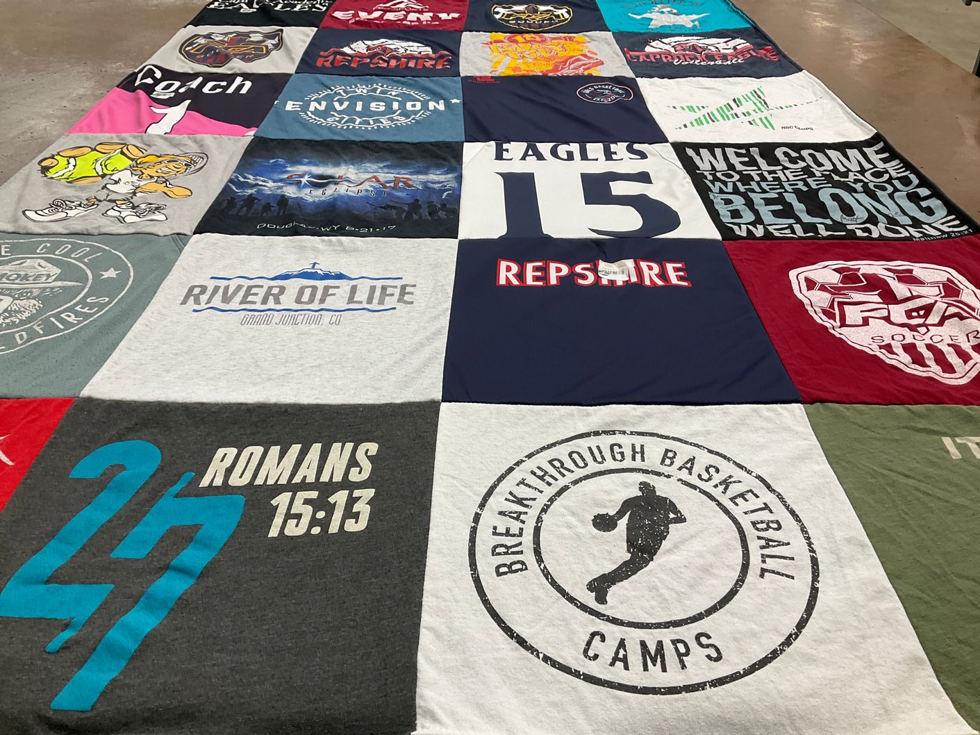 T-shirt quilt with basketball, soccer themes by Rhonda from CO