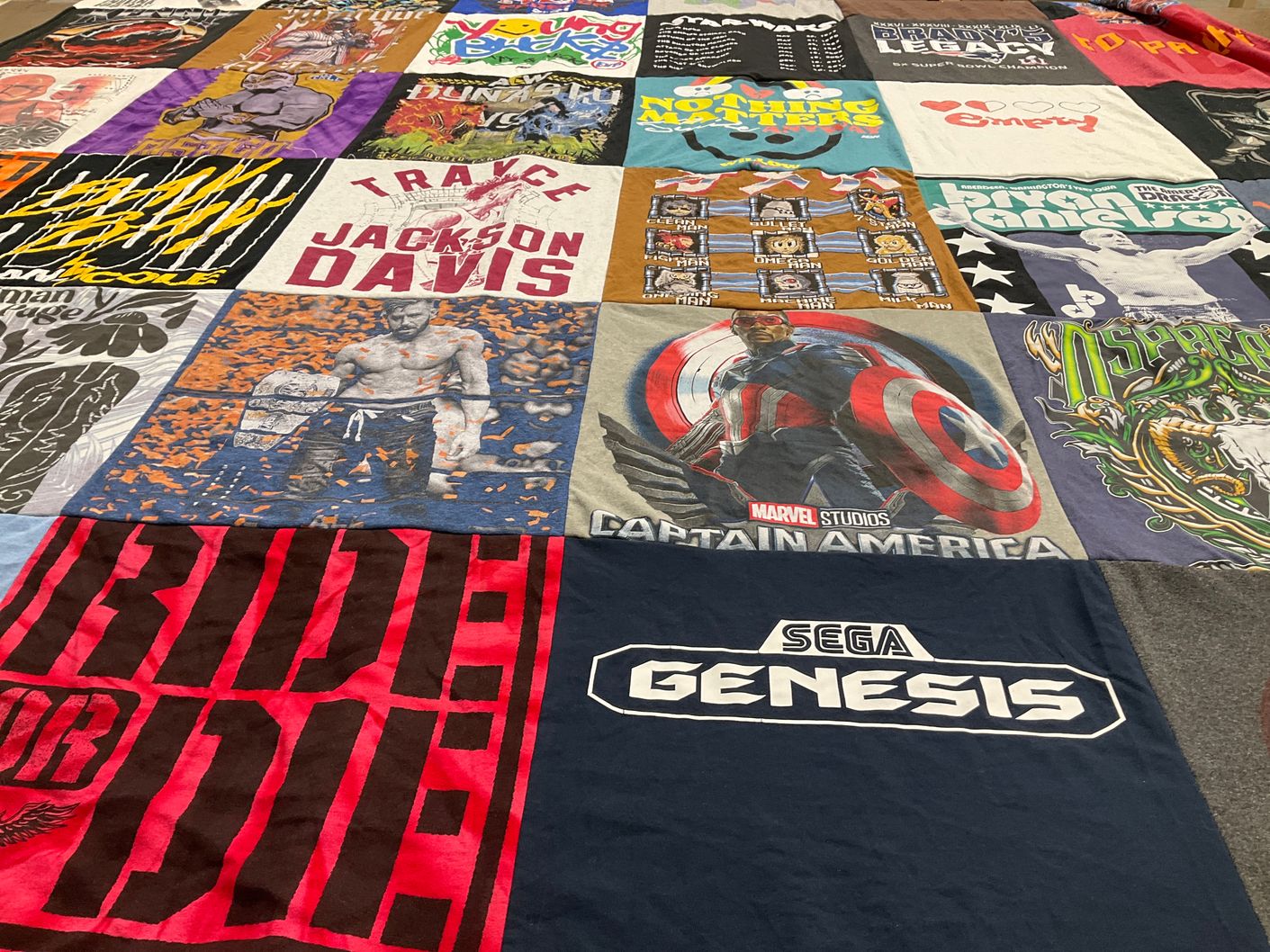 T-shirt quilt with comics, video games themes by Matthew from IN