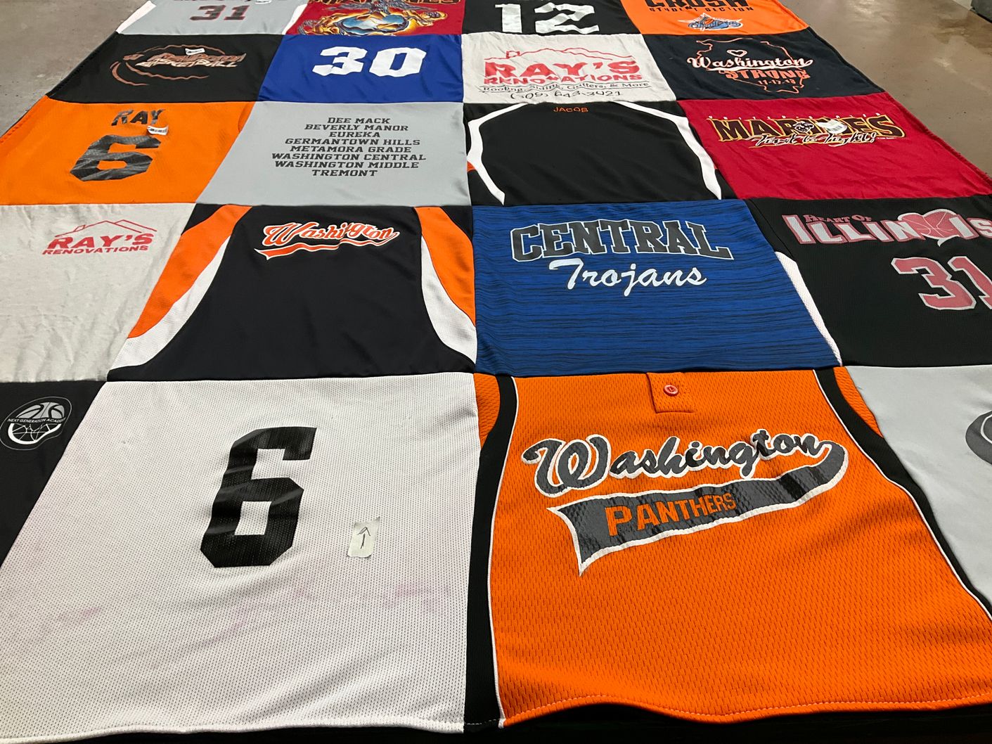 T-shirt quilt featuring washington panthers, central trojans by Lynda from IL