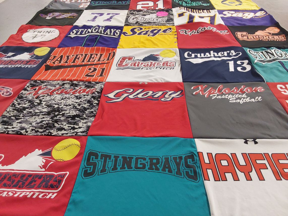T-shirt quilt featuring hayfield fastpitch, victoria fastpitch by Kathryn from VA