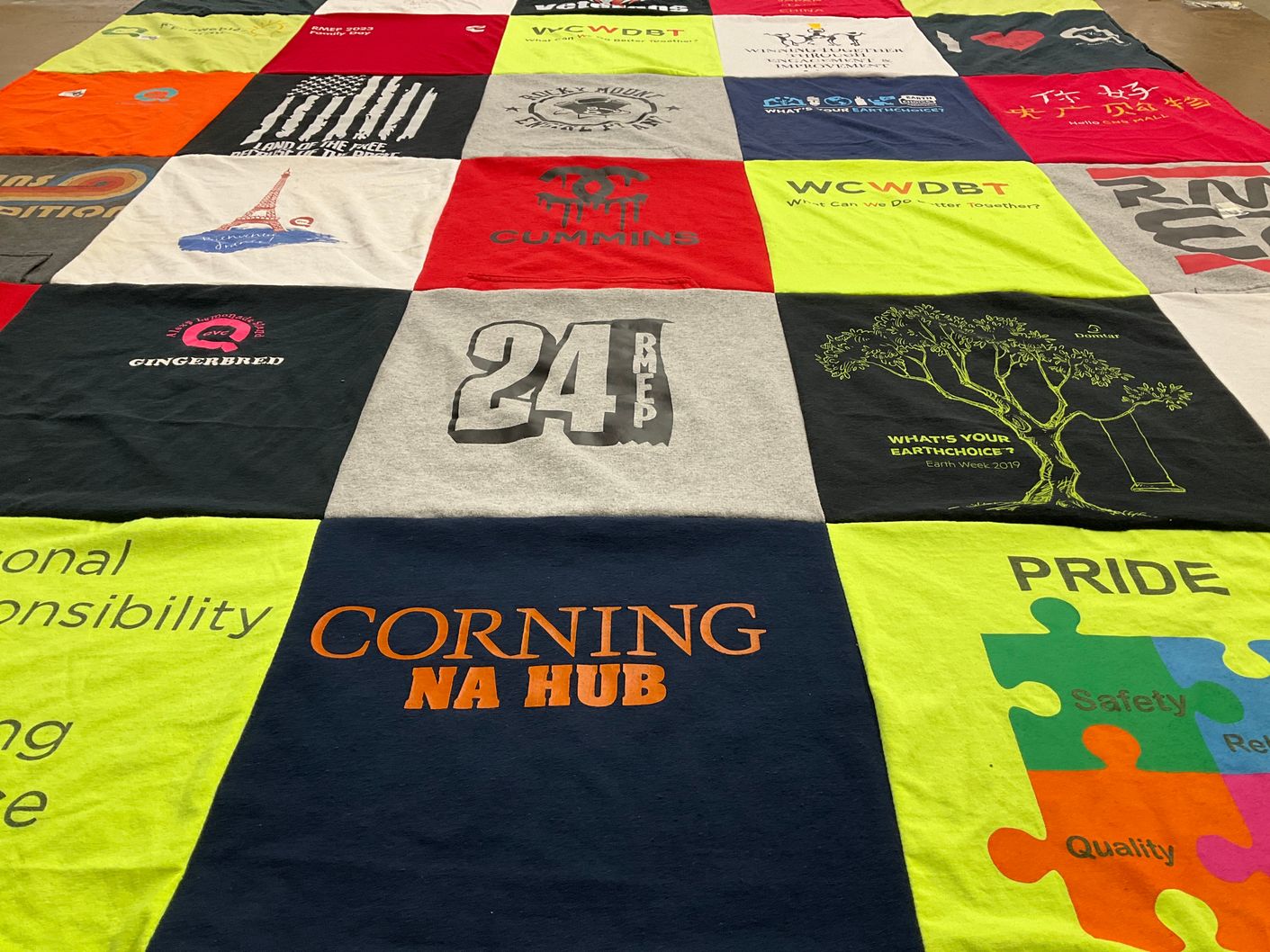 T-shirt quilt with environmental responsibility, sustainability themes by Virginia from NC