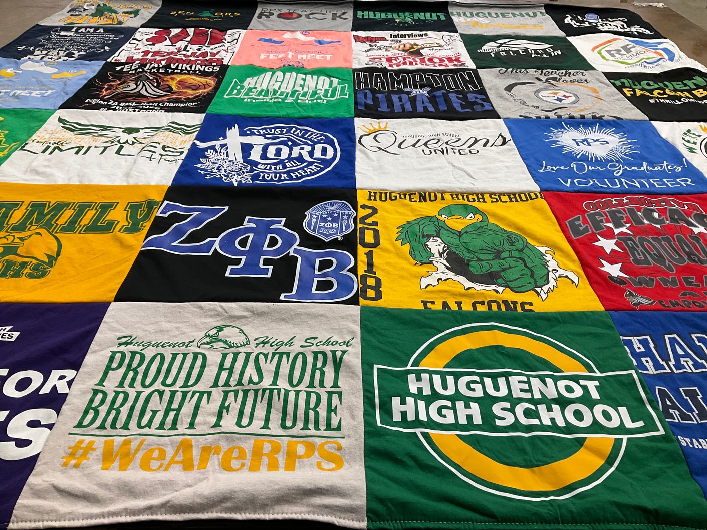 T-shirt quilt featuring huguenot high school falcons, hampton pirates by Darlene from VA