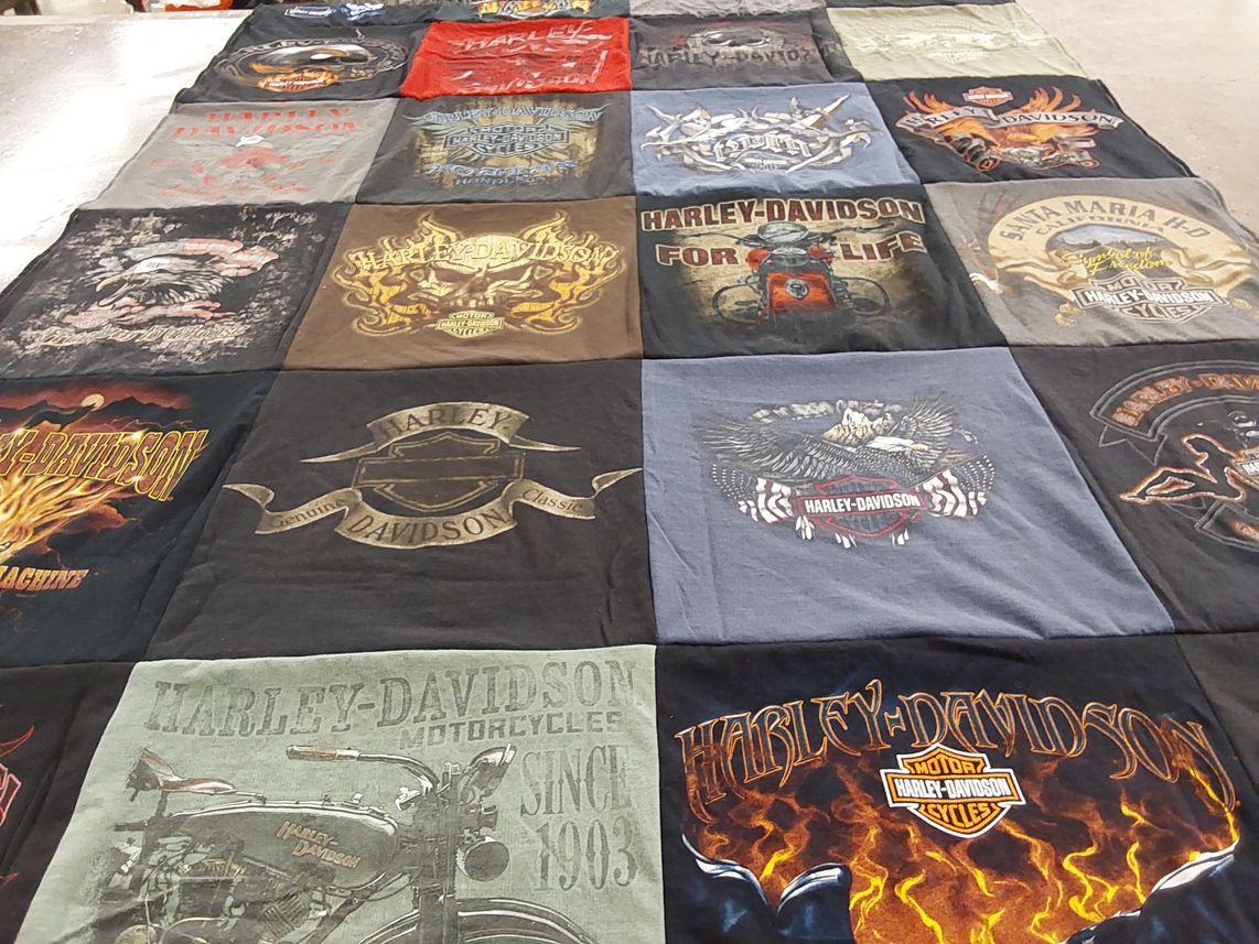 T-shirt quilt with motorcycling, biking themes by Tammy from ID