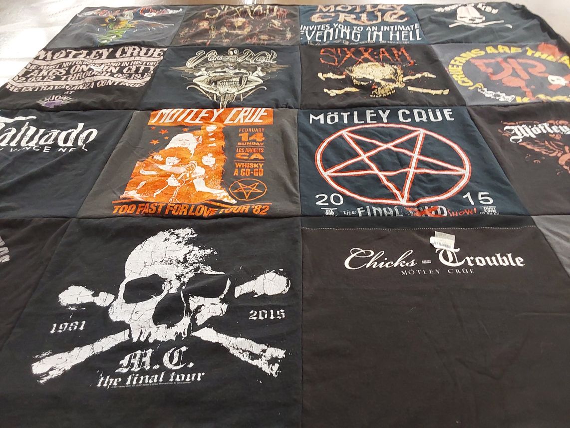 T-shirt quilt with music, rock themes by Karen from NJ