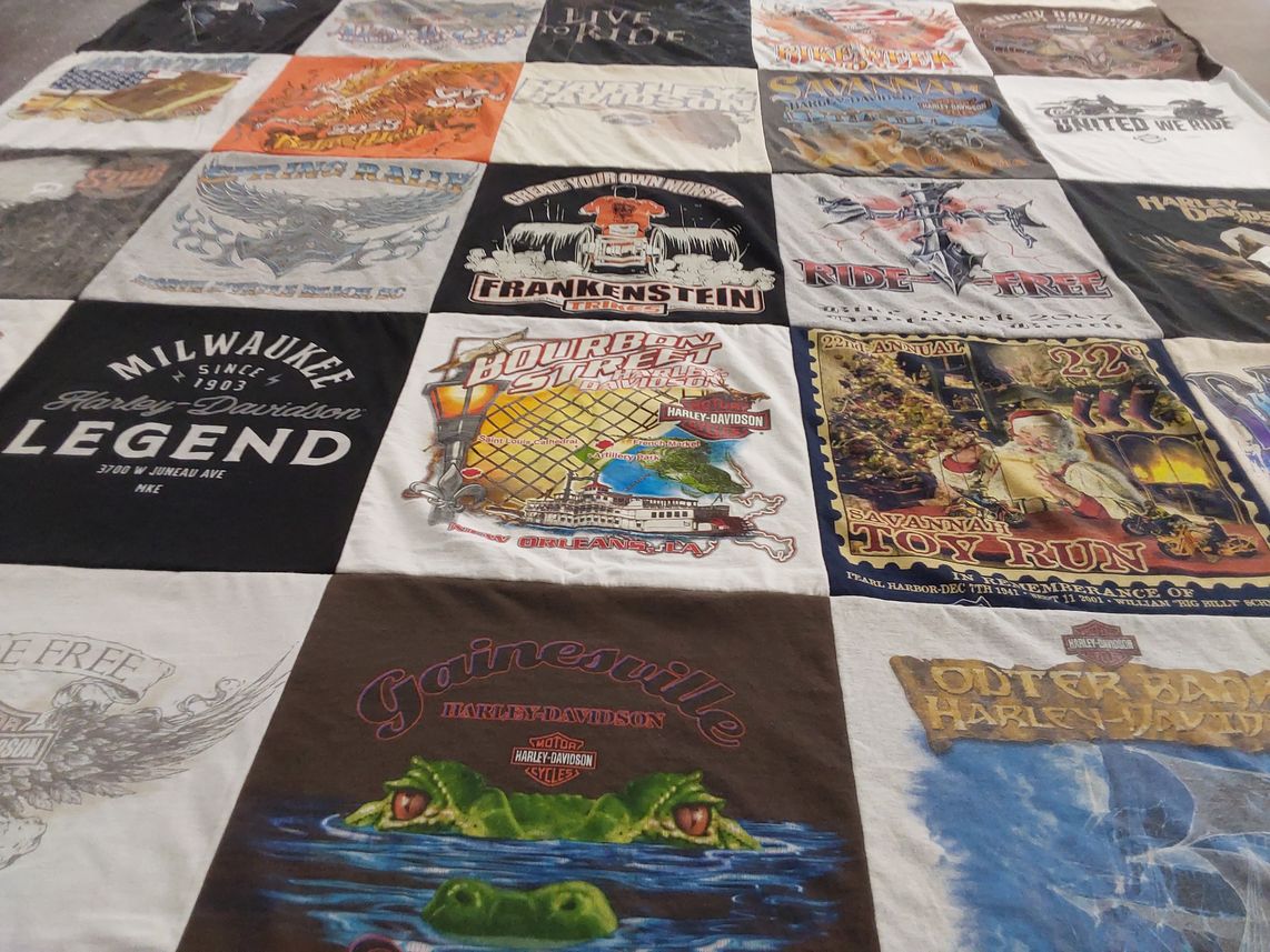 T-shirt quilt with motorcycling, harley-davidson themes by Vincent from GA