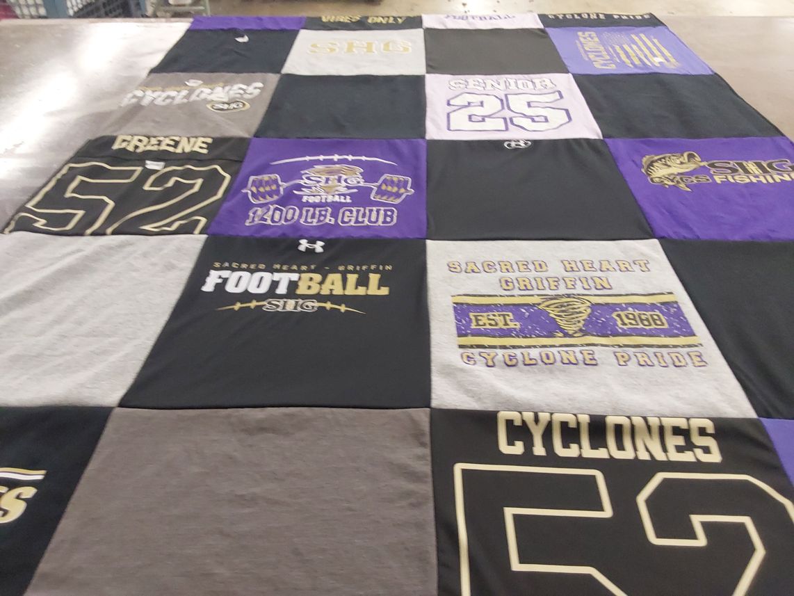 T-shirt quilt featuring sacred heart griffin cyclones by Debbie from IL