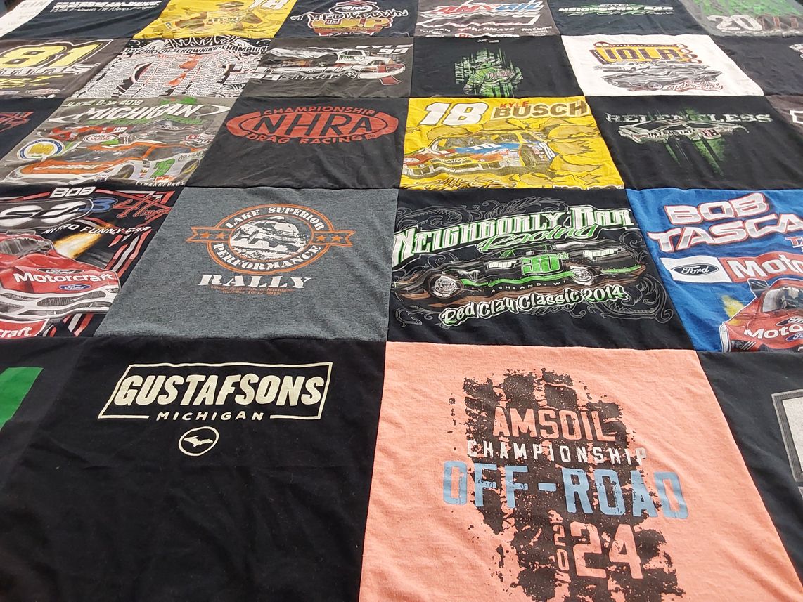 T-shirt quilt with motorsports, racing themes by Stacy from MI