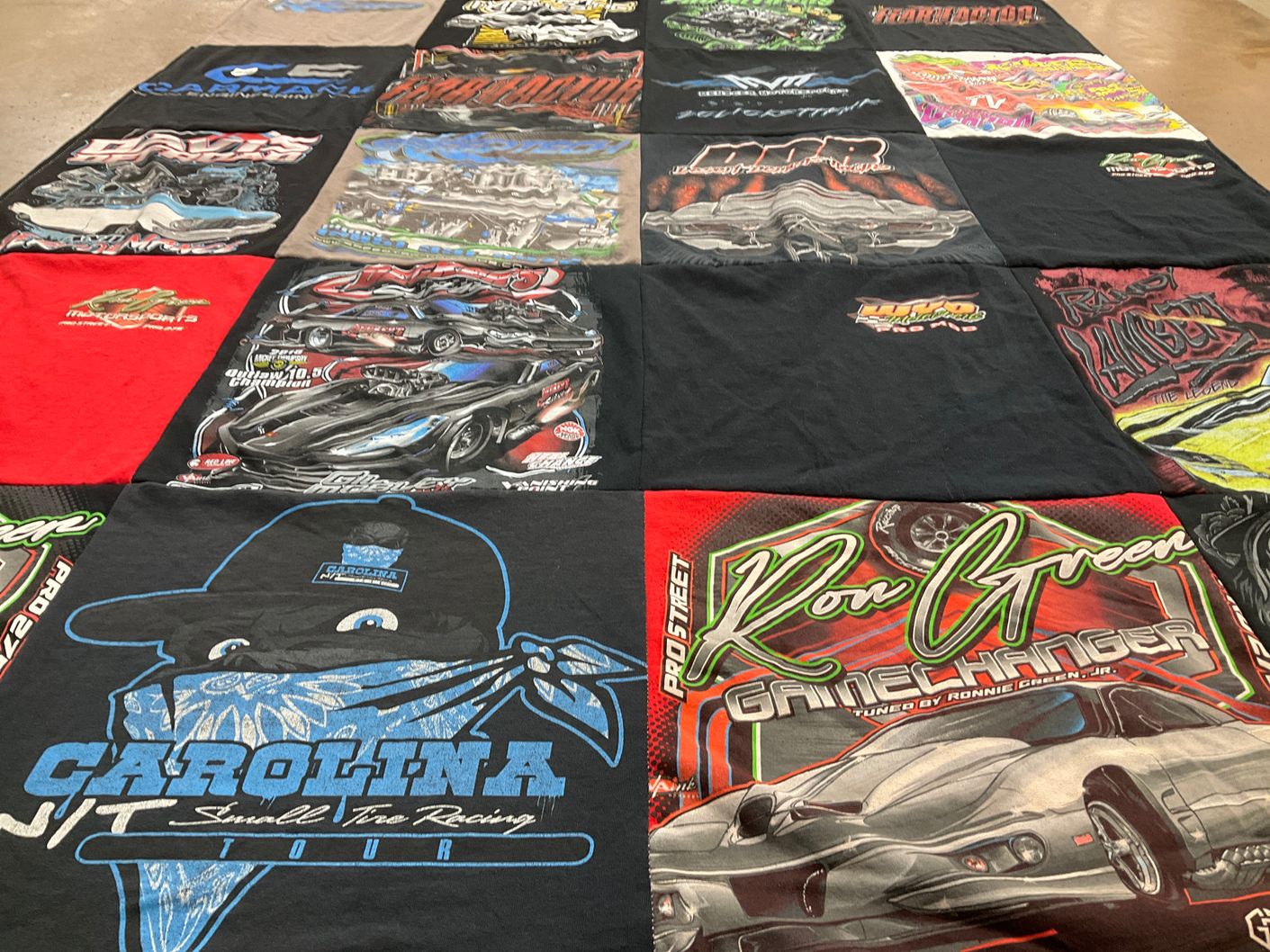 T-shirt quilt with car racing, motorsports themes by Emily from VA