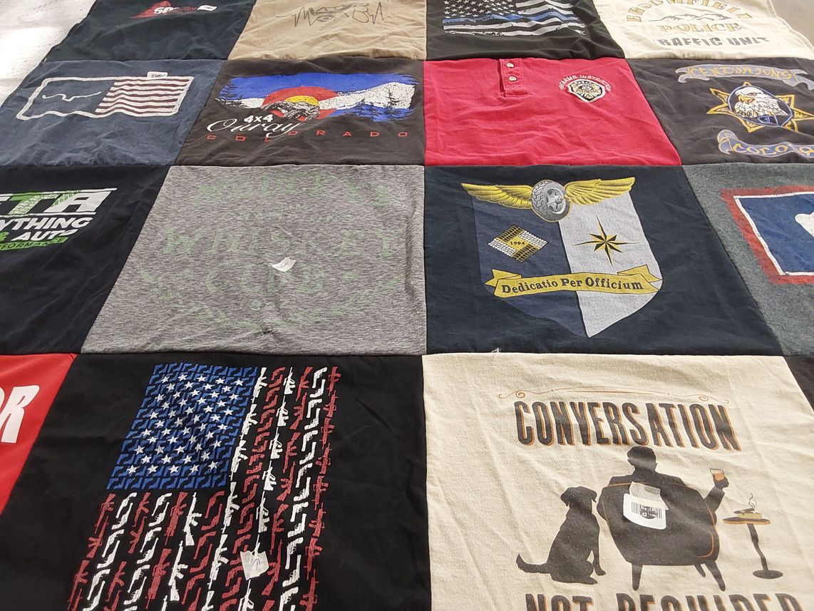 T-shirt quilt with law enforcement, automotive themes by Lisa from CO