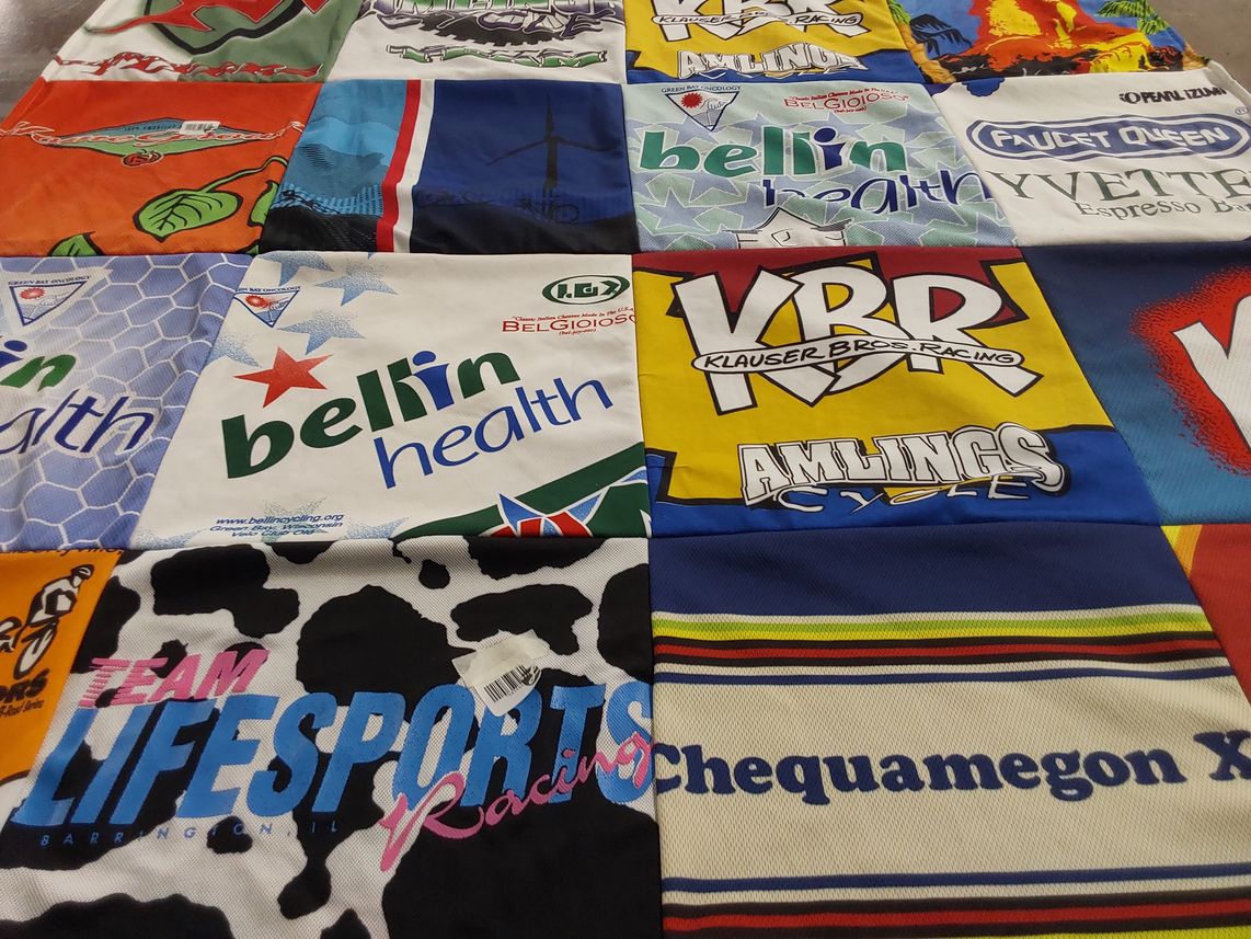 T-shirt quilt with cycling, racing themes by michele from WI