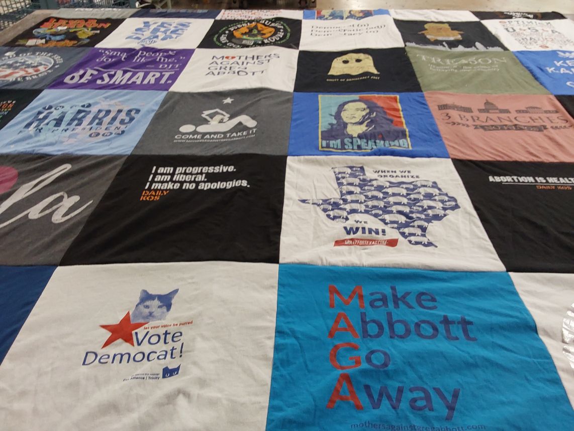 T-shirt quilt with politics, activism themes by Shari from TX