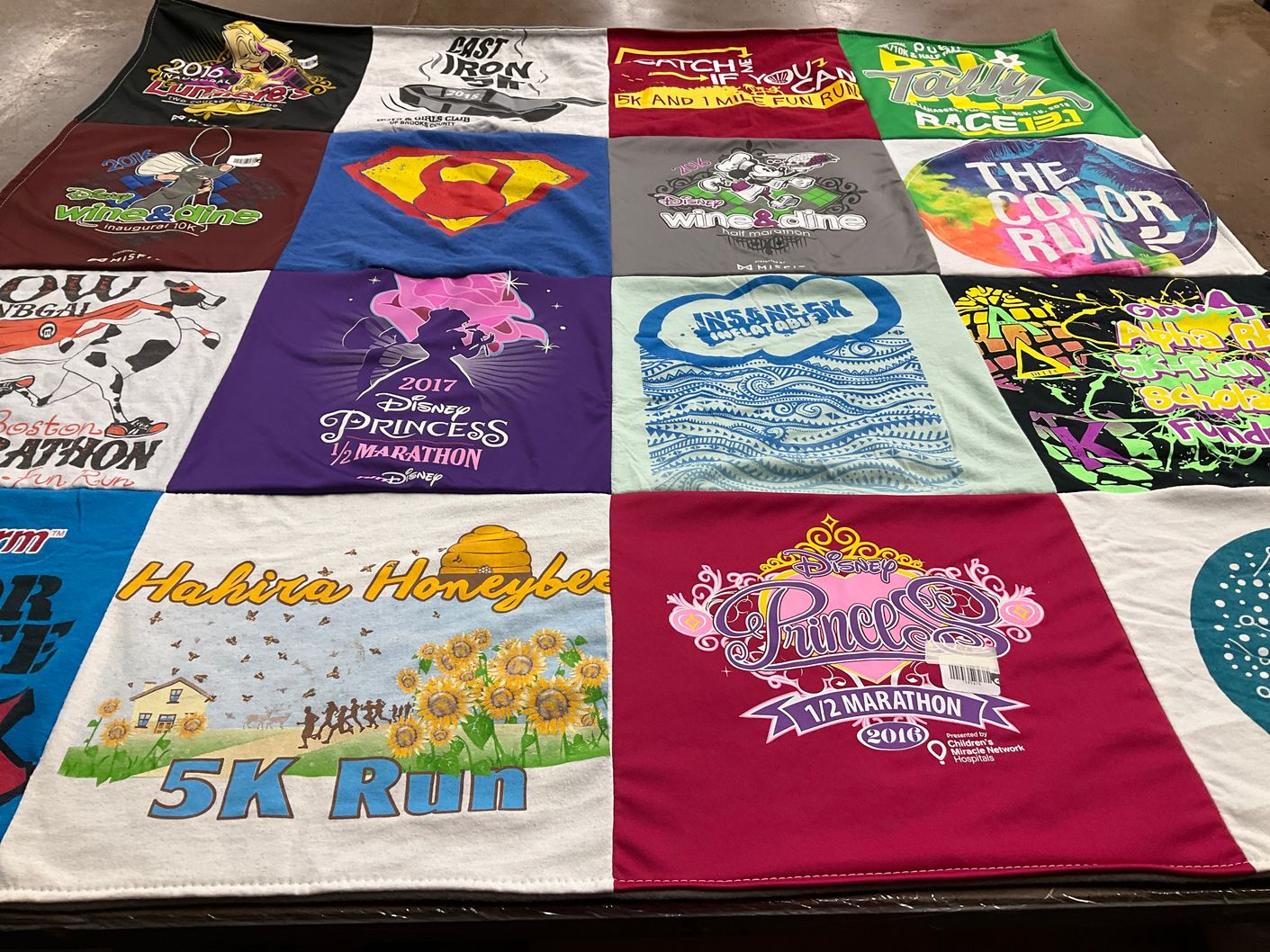 T-shirt quilt with running, events themes by Karen from GA