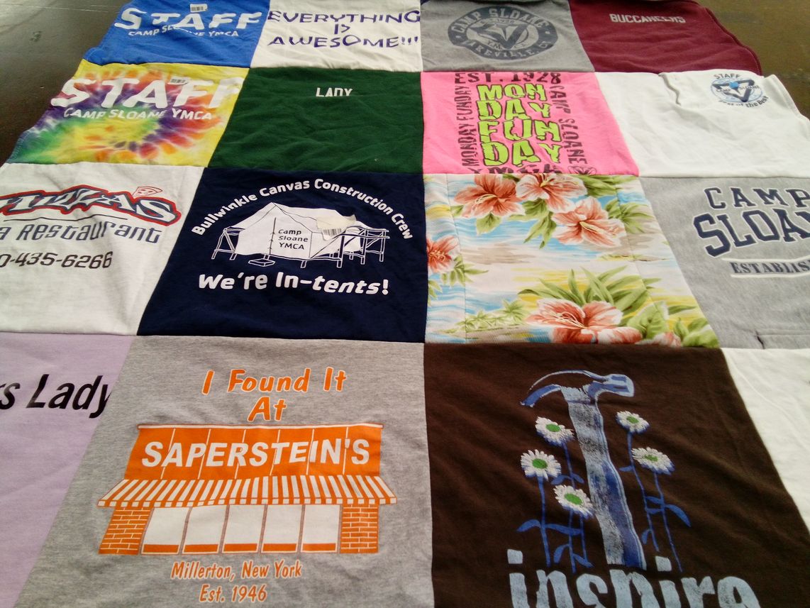 T-shirt quilt with camping, community themes by Danielle from NY