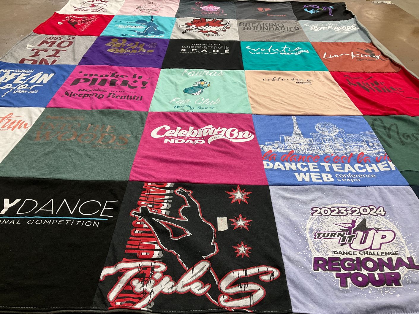 T-shirt quilt with dance, performing arts themes by Nikki from ND