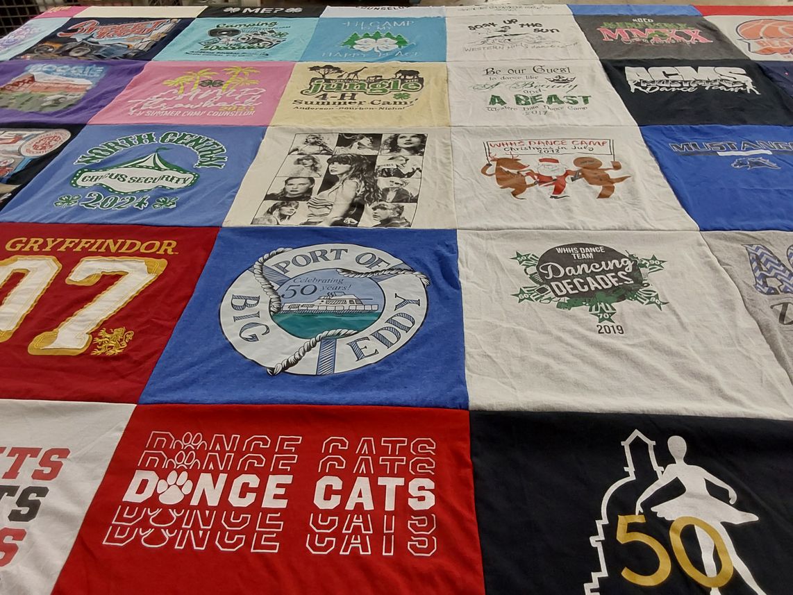 T-shirt quilt with dancing, summer camp themes by Kimberly from KY