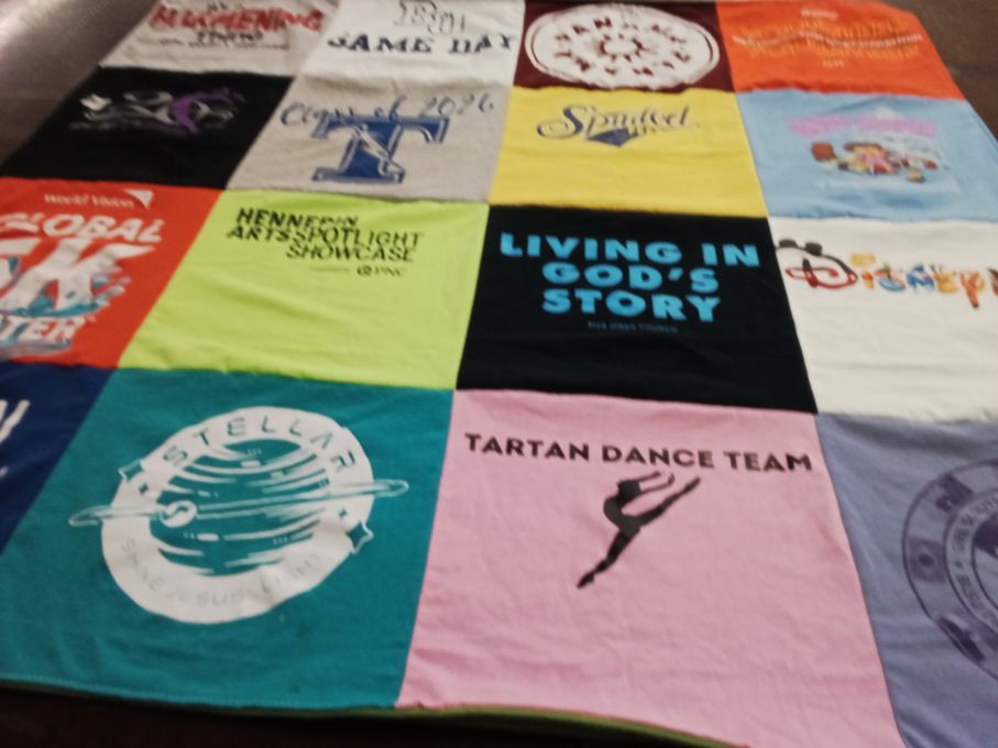 T-shirt quilt with dance, theater themes by Susan from MN