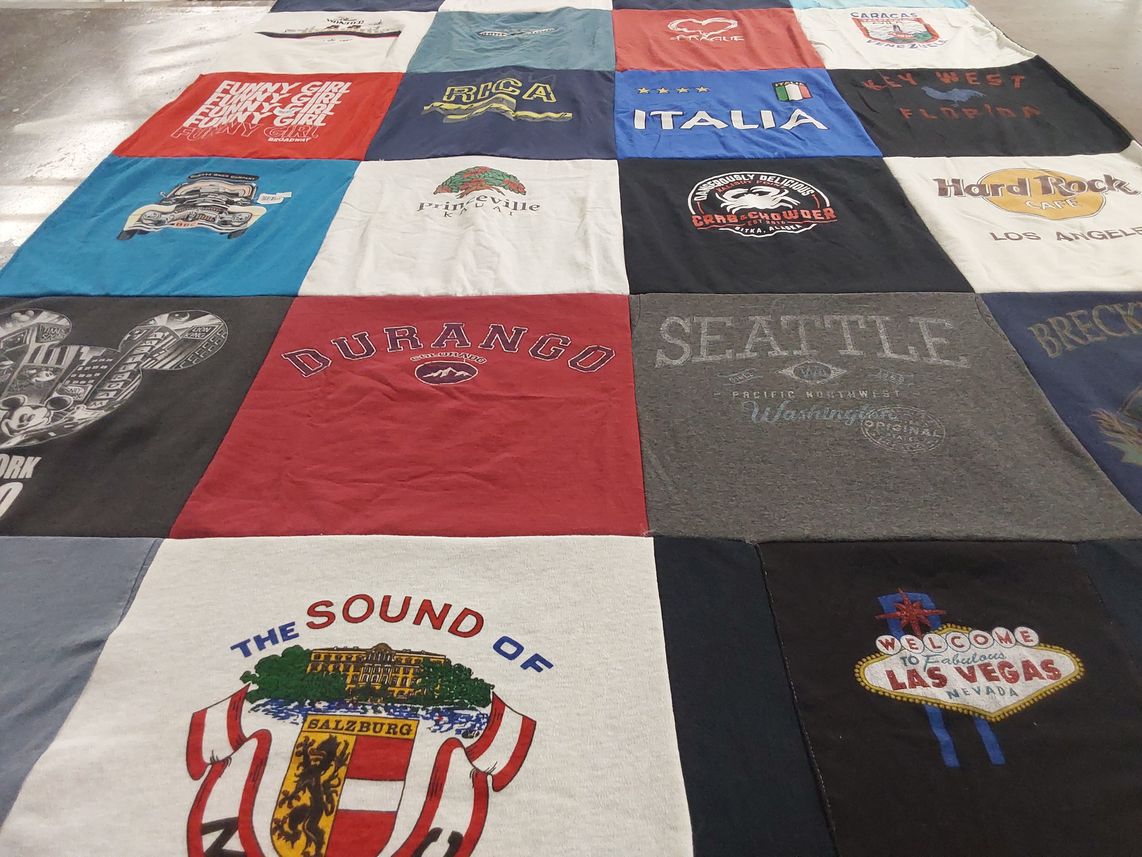 T-shirt quilt with travel, cities themes by Anna from TX