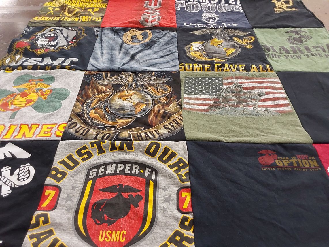 T-shirt quilt with military, veterans themes by Linda from NJ