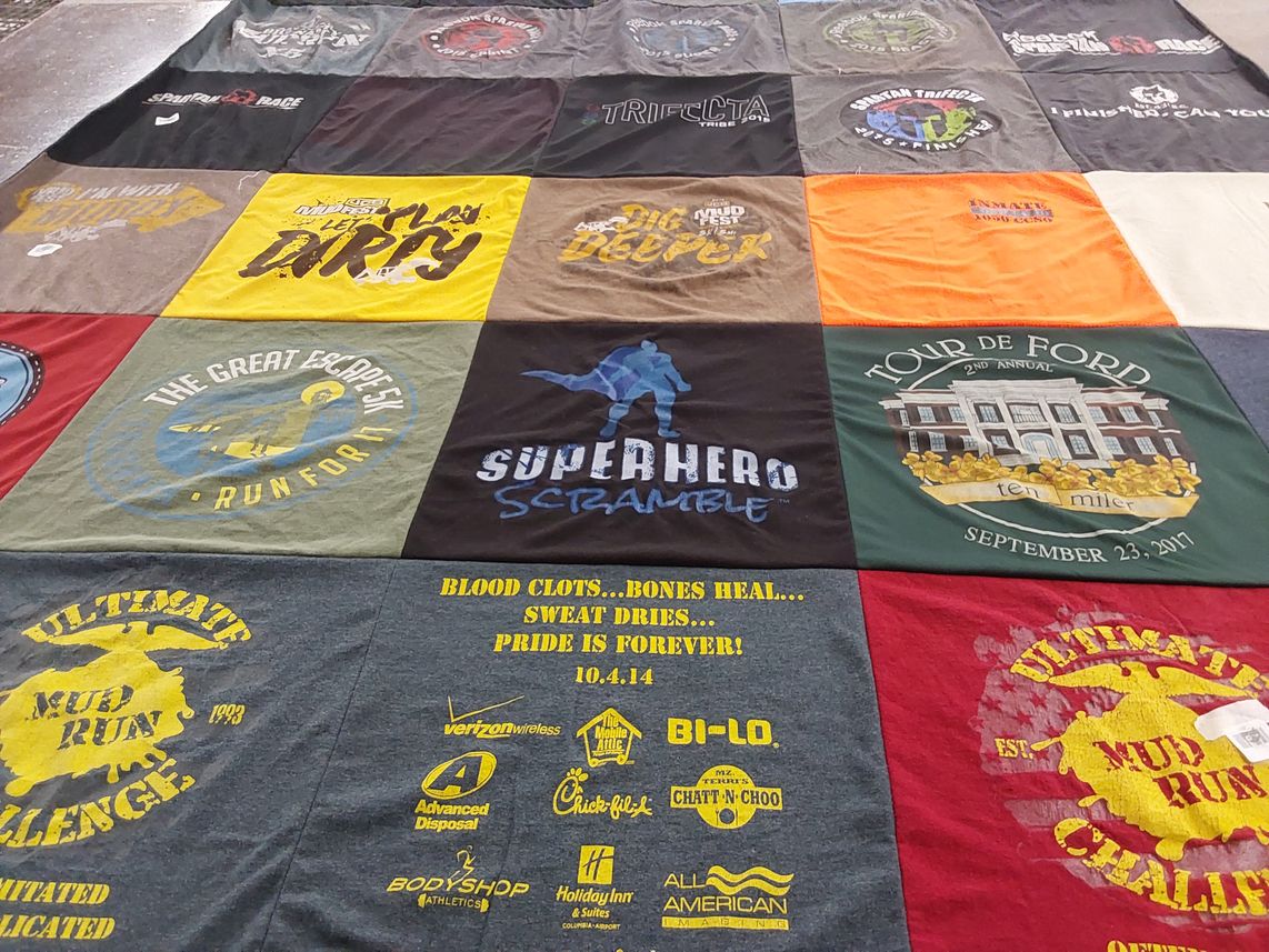 T-shirt quilt with running, fitness themes by Renae from GA