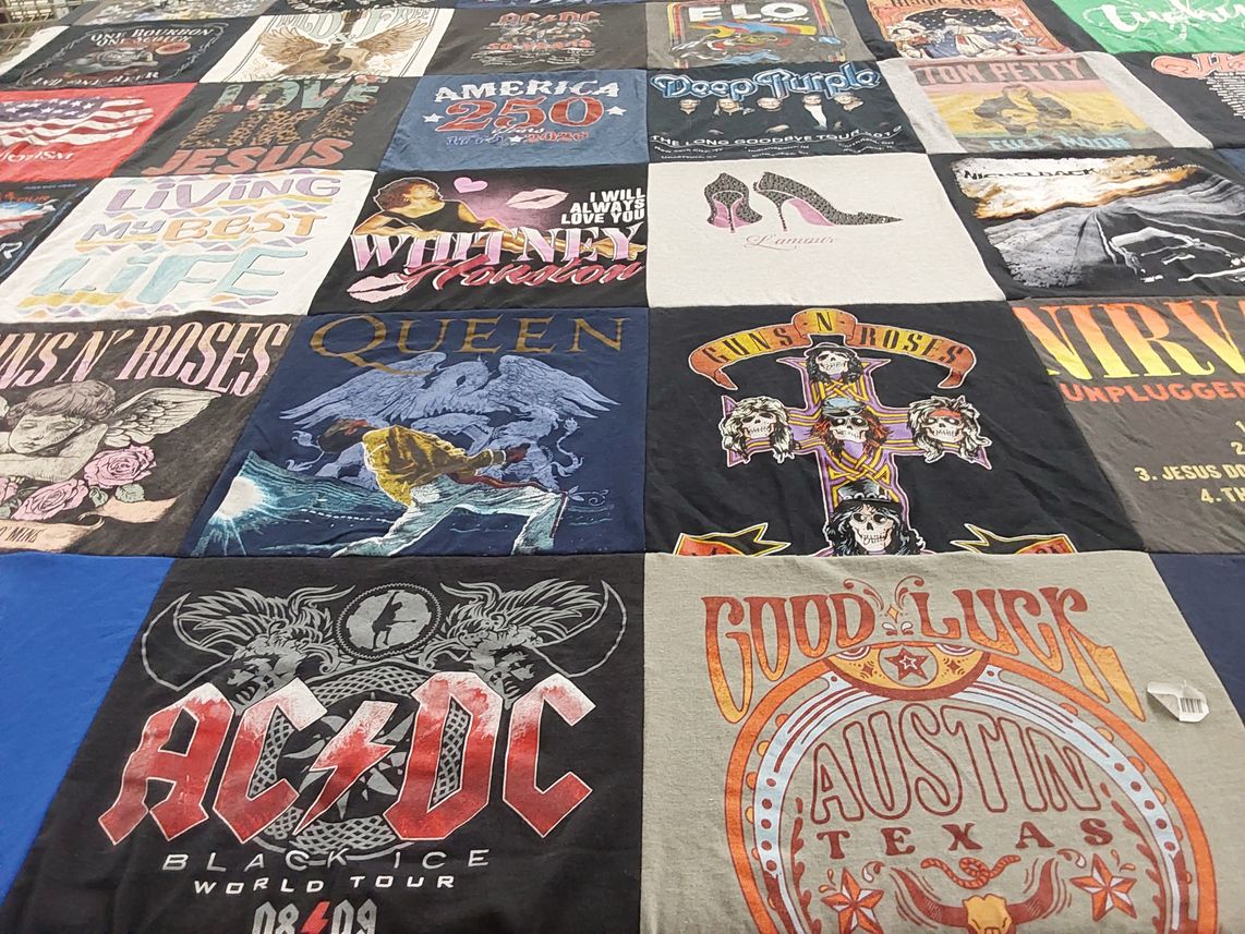 T-shirt quilt with music, rock themes by Jennifer from TX