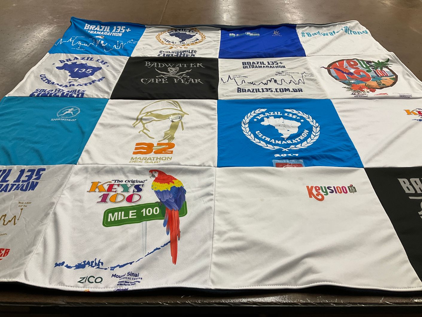 T-shirt quilt with marathon running, ultramarathon themes by Emily from CA