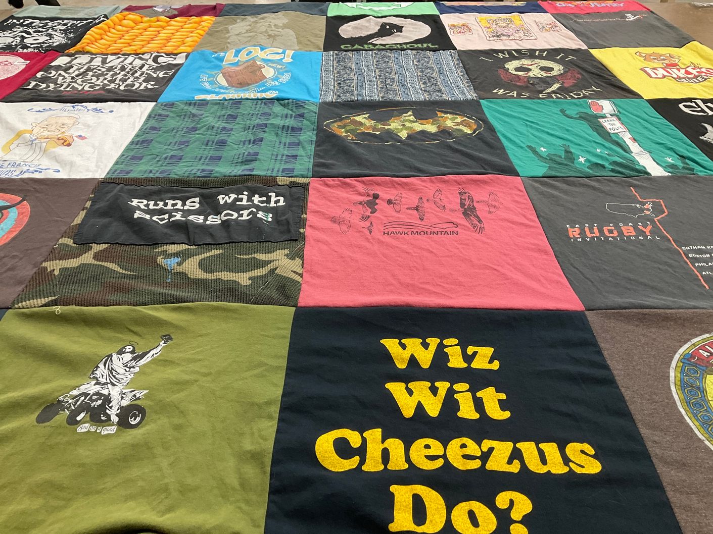 T-shirt quilt with humor, outdoor activities themes by jeffrey from PA