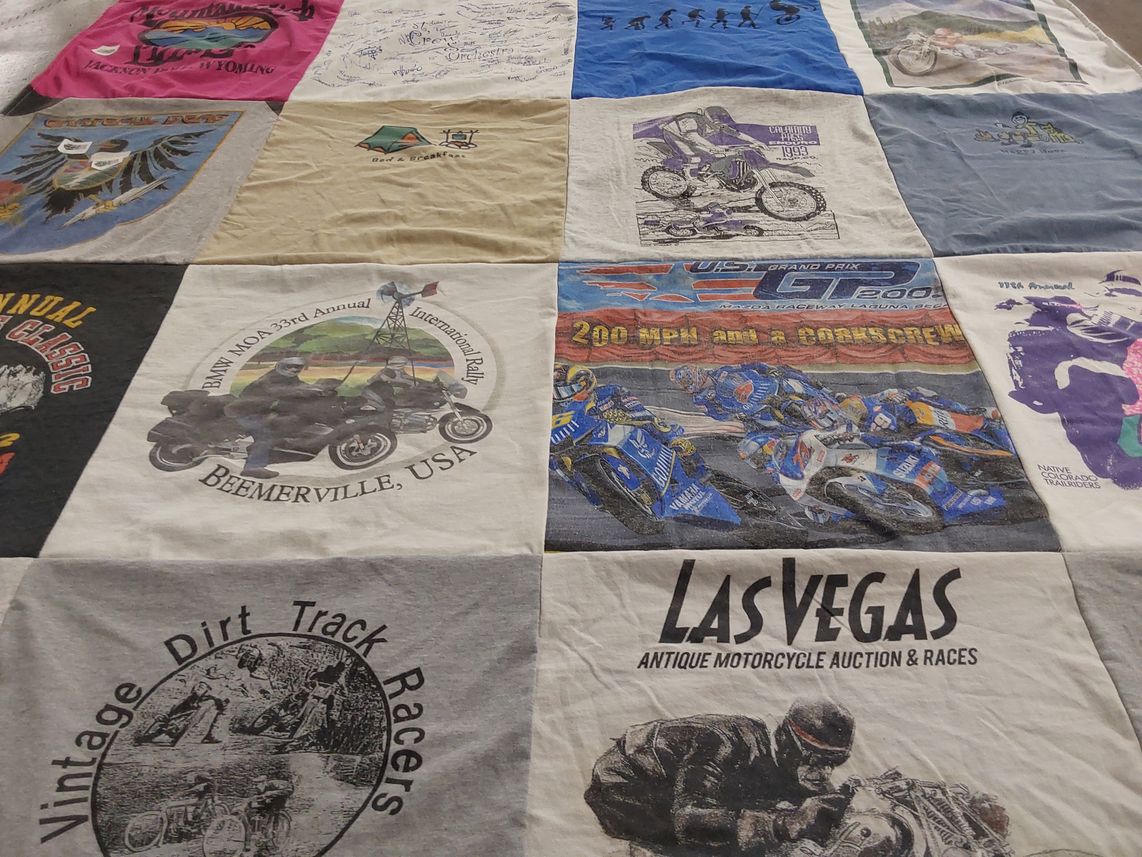T-shirt quilt with motorcycles, racing themes by Shelly from WY
