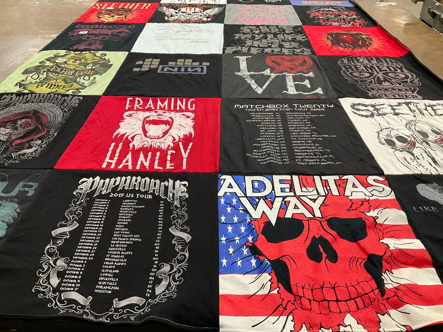 T-shirt quilt with music, concerts themes by Dante from UT