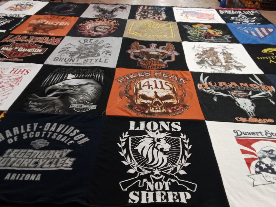 T-shirt quilt with motorcycles, bikers themes by Brian from CO