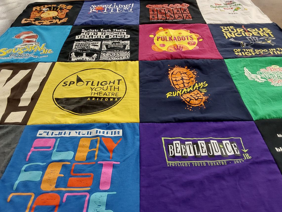 T-shirt quilt with theatre, performing arts themes by Sara from AZ