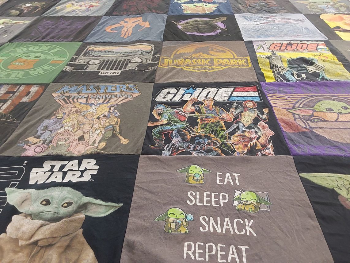 T-shirt quilt with movies, comics themes by Joshua from OR