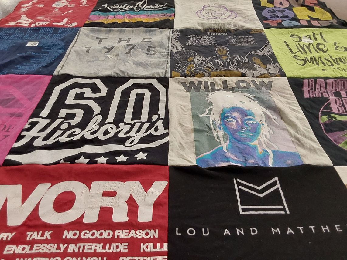 T-shirt quilt with music, art themes by Deardra from TX