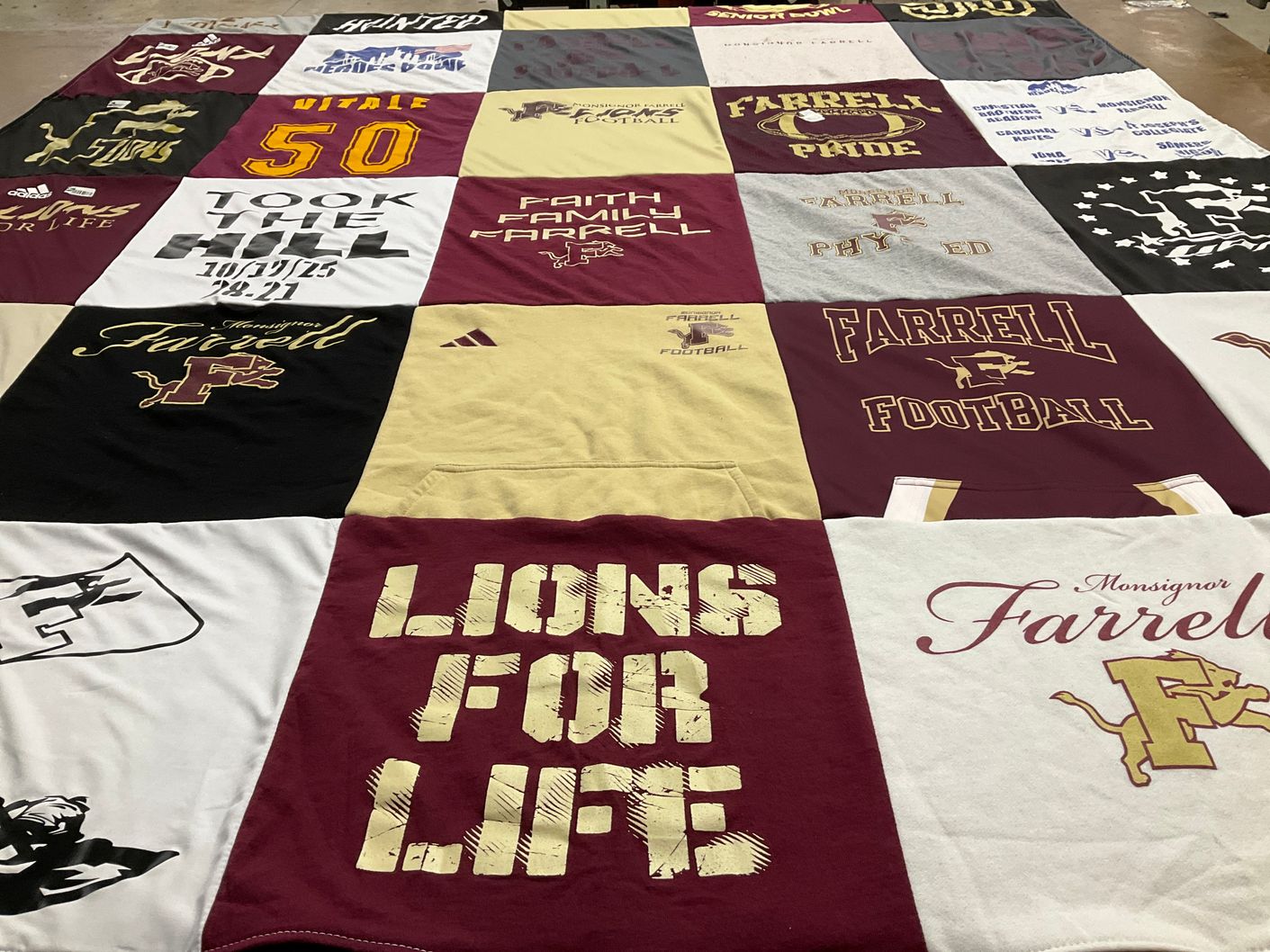 T-shirt quilt featuring monsignor farrell lions by Marcella from NY