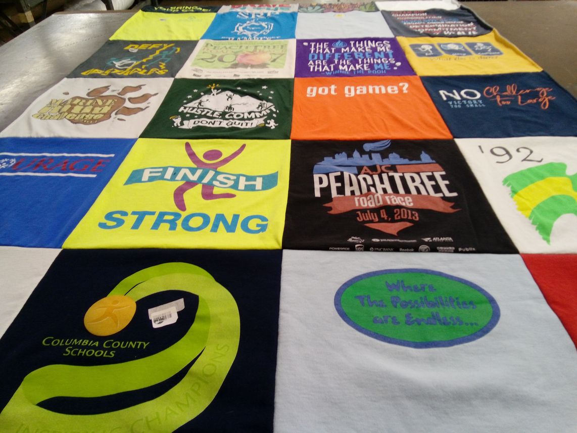 T-shirt quilt with running, sports themes by Mimi from GA