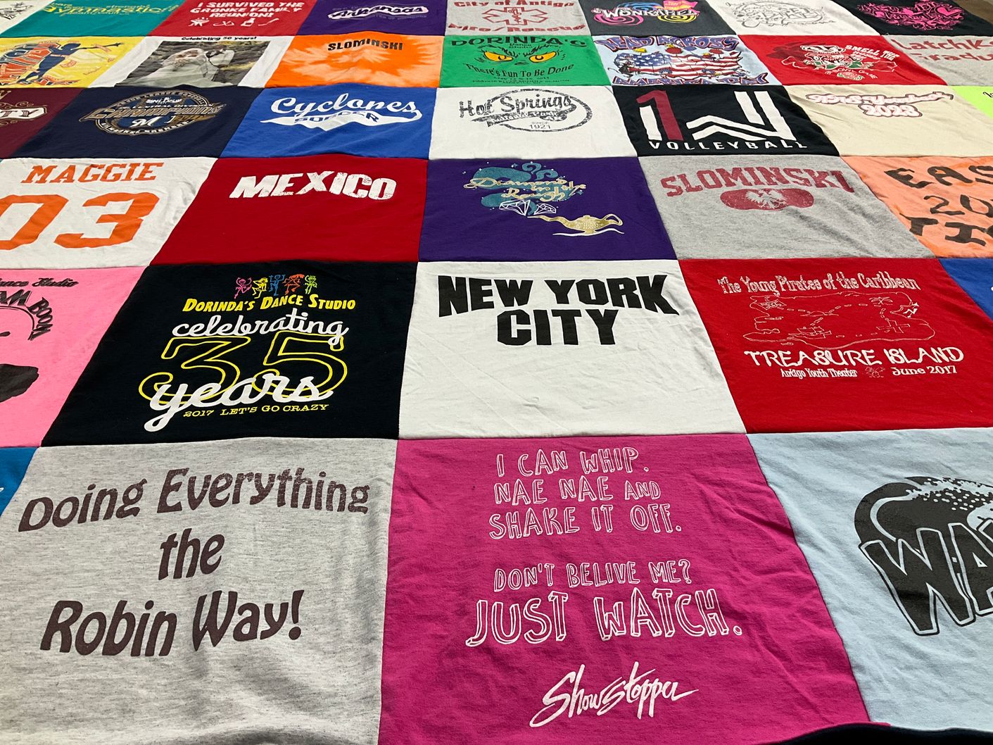 T-shirt quilt with dance, theater themes by Susan from WI