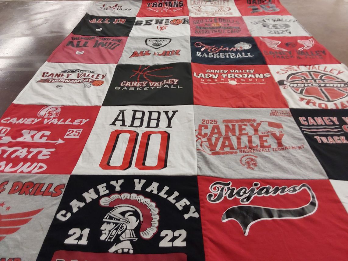 T-shirt quilt featuring caney valley trojans by Tracy from OK