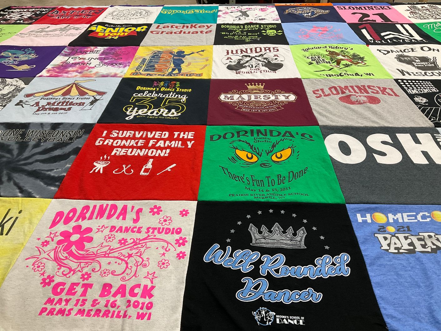 T-shirt quilt with dance, family reunions themes by Susan from WI